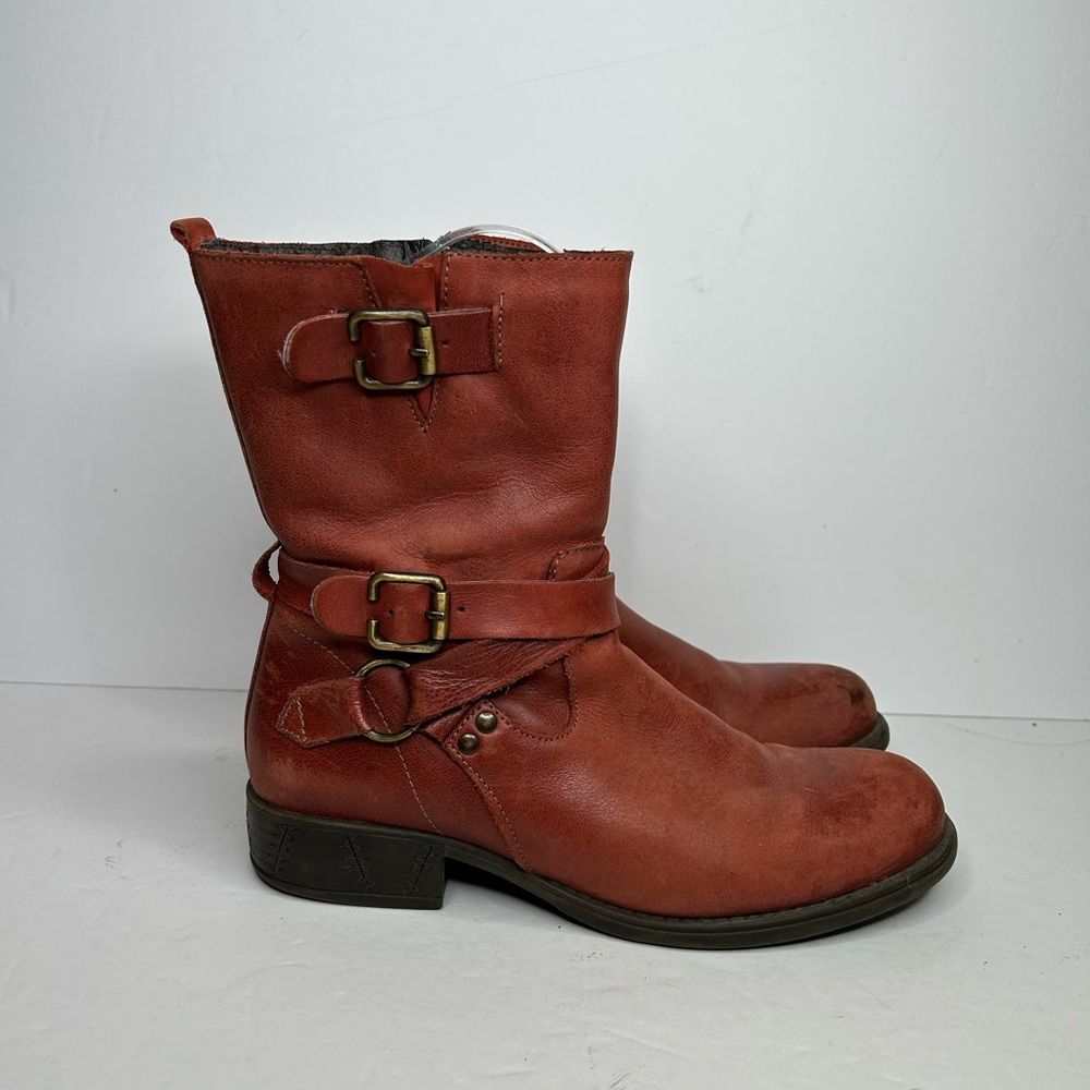 Eric Michael Orange Combat Moto Boots 8 Buckle Strap and Rugged Style